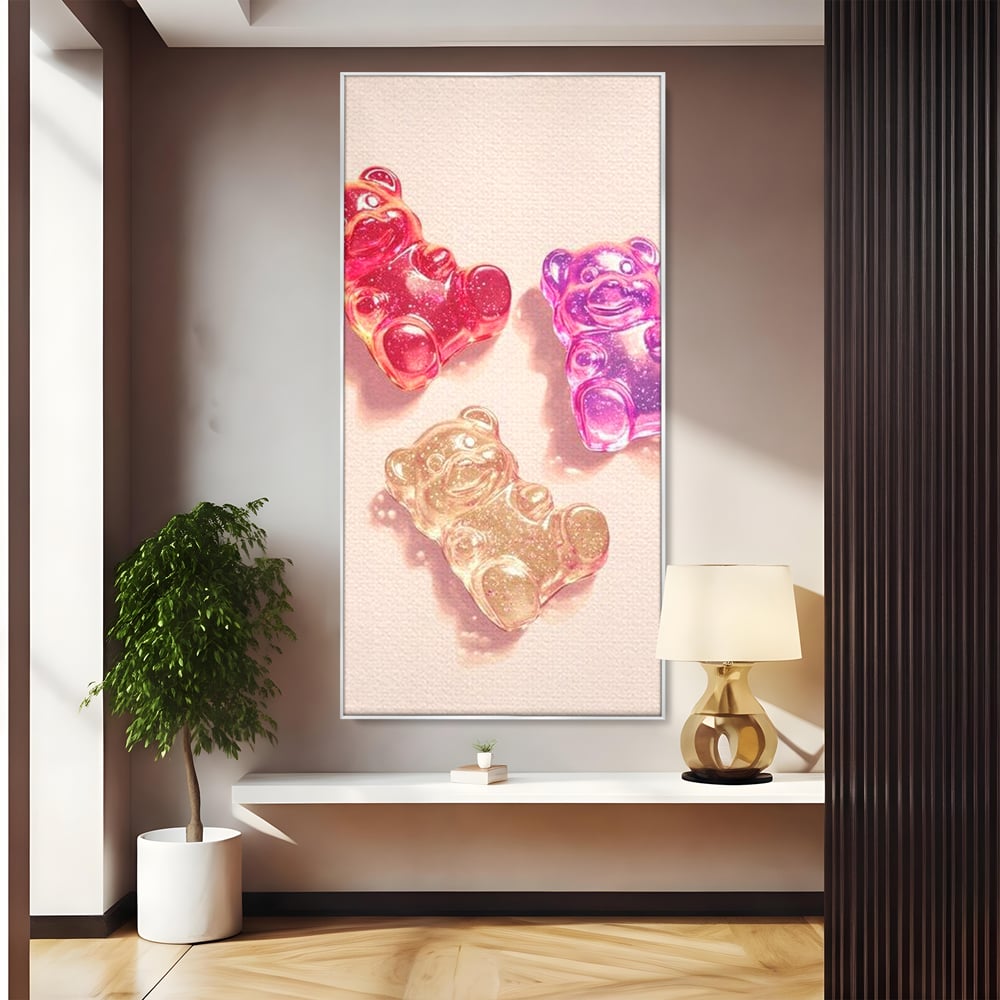 Tablou canvas cu tablou canvas cu trei ursuleti gelee, in rama de aluminiu argintiu